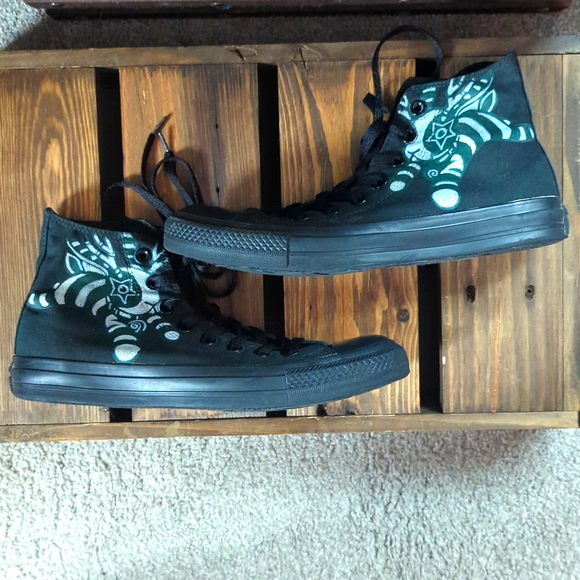 Custom OOAK Converse Monochrome Black Hi Tops Sneakers Shoes 7.5 Men 9.5 Women - Picture 2 of 10
